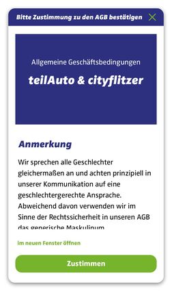 Screenshot aus der teilAuto-App für die Zustimmung zu den Allgemeinen Geschäftsbedingungen